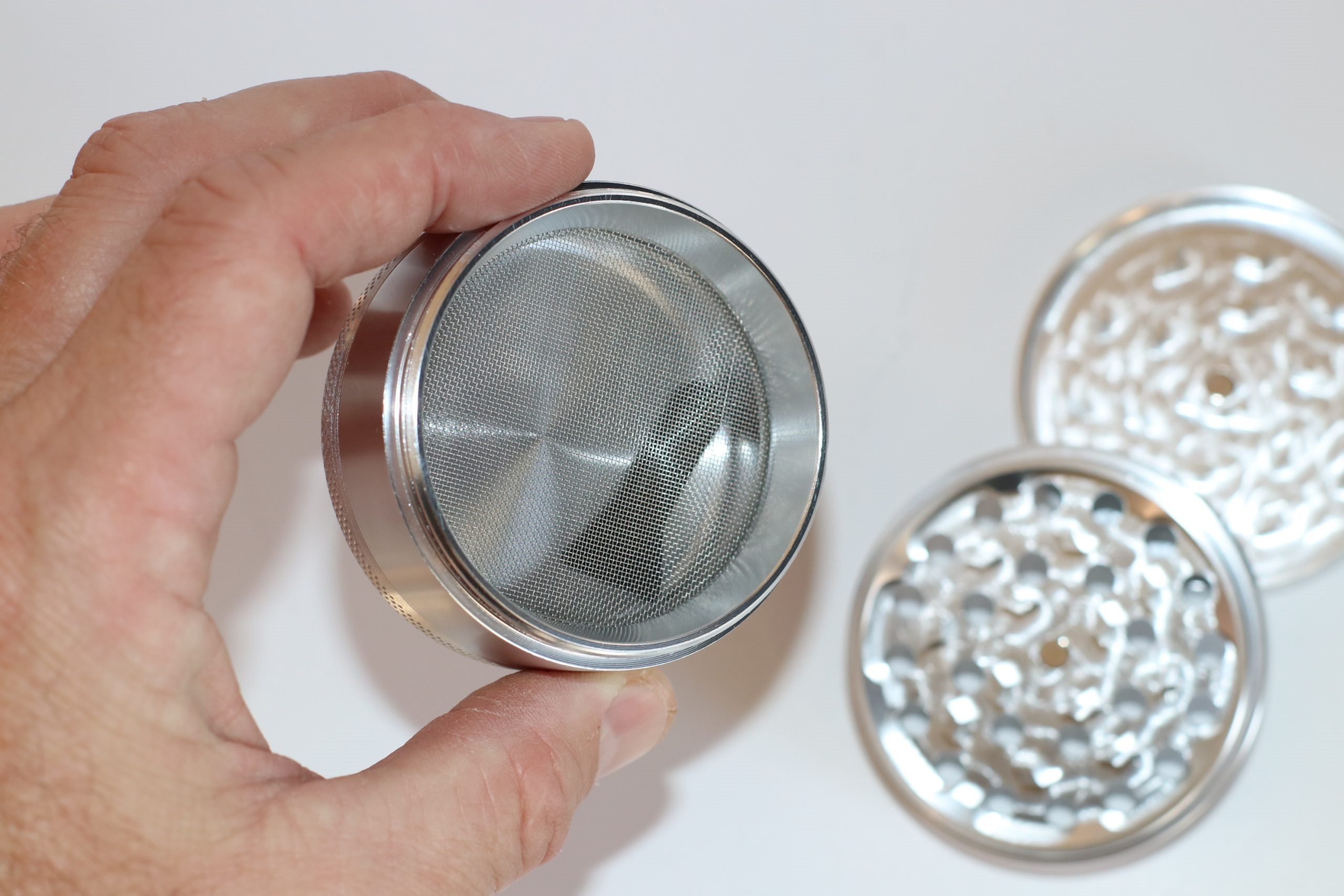 2.5" Silver Professional Grade Dried Herb Grinder- 4pc-Magnetic Lid-Filter-Sharp Grinder for Dried Herbs - 4 Piece Herb Grinder-Silver