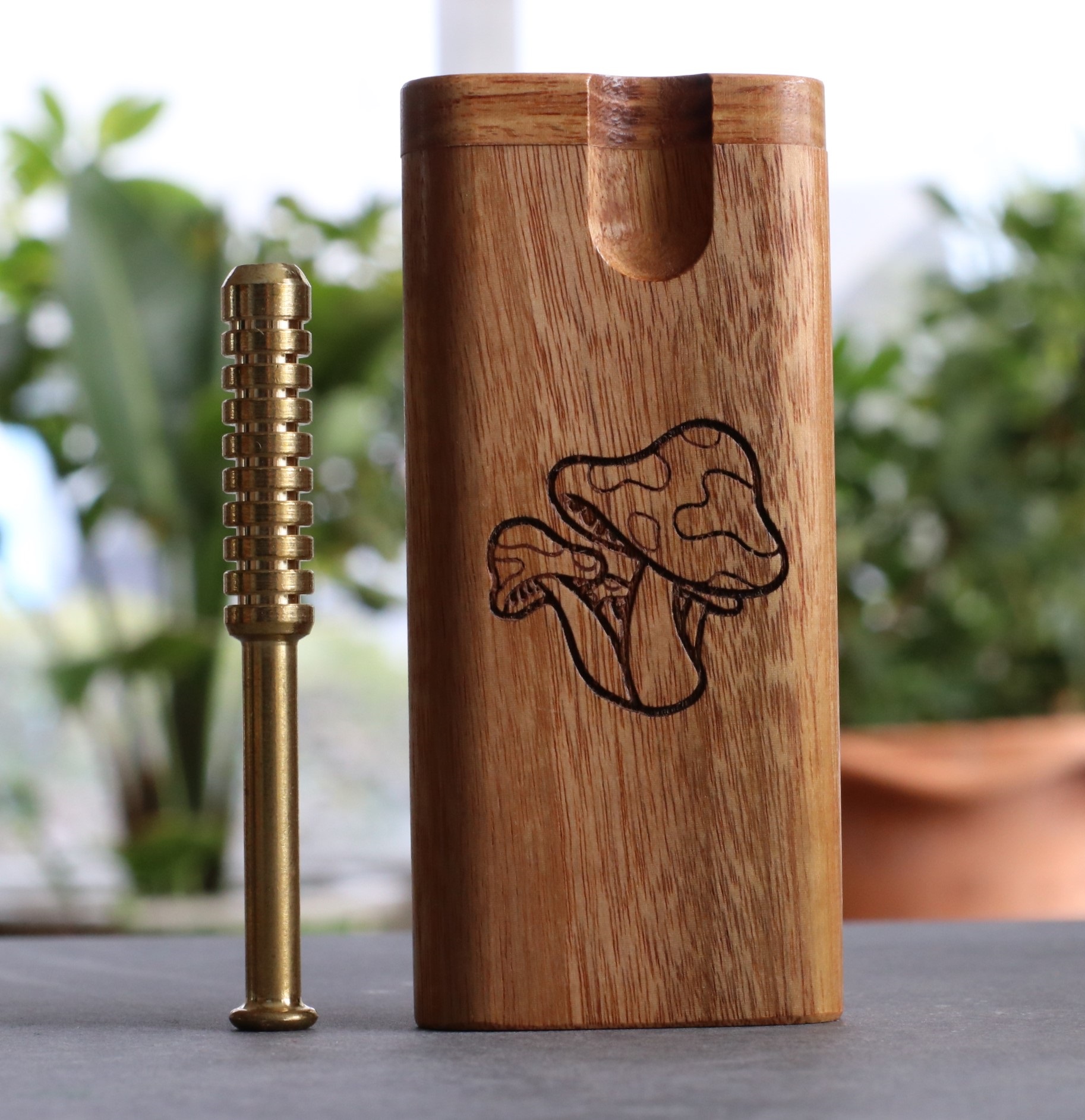 4" Teak Wood Swivel Lid Dugout & Brass One Hitter- Best Gift- Mushroom Engraved Dugout