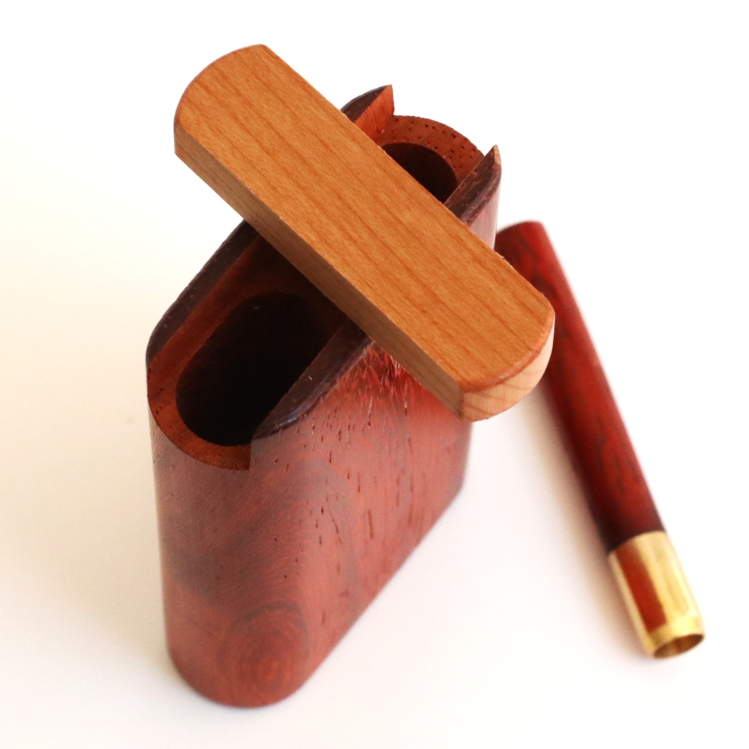 3" Snap Lock Dugout & One Hitter Pipe-Red Padauk-American Crafted Exotic Wood Stash Box - Cutaway Cocobolo Dugout