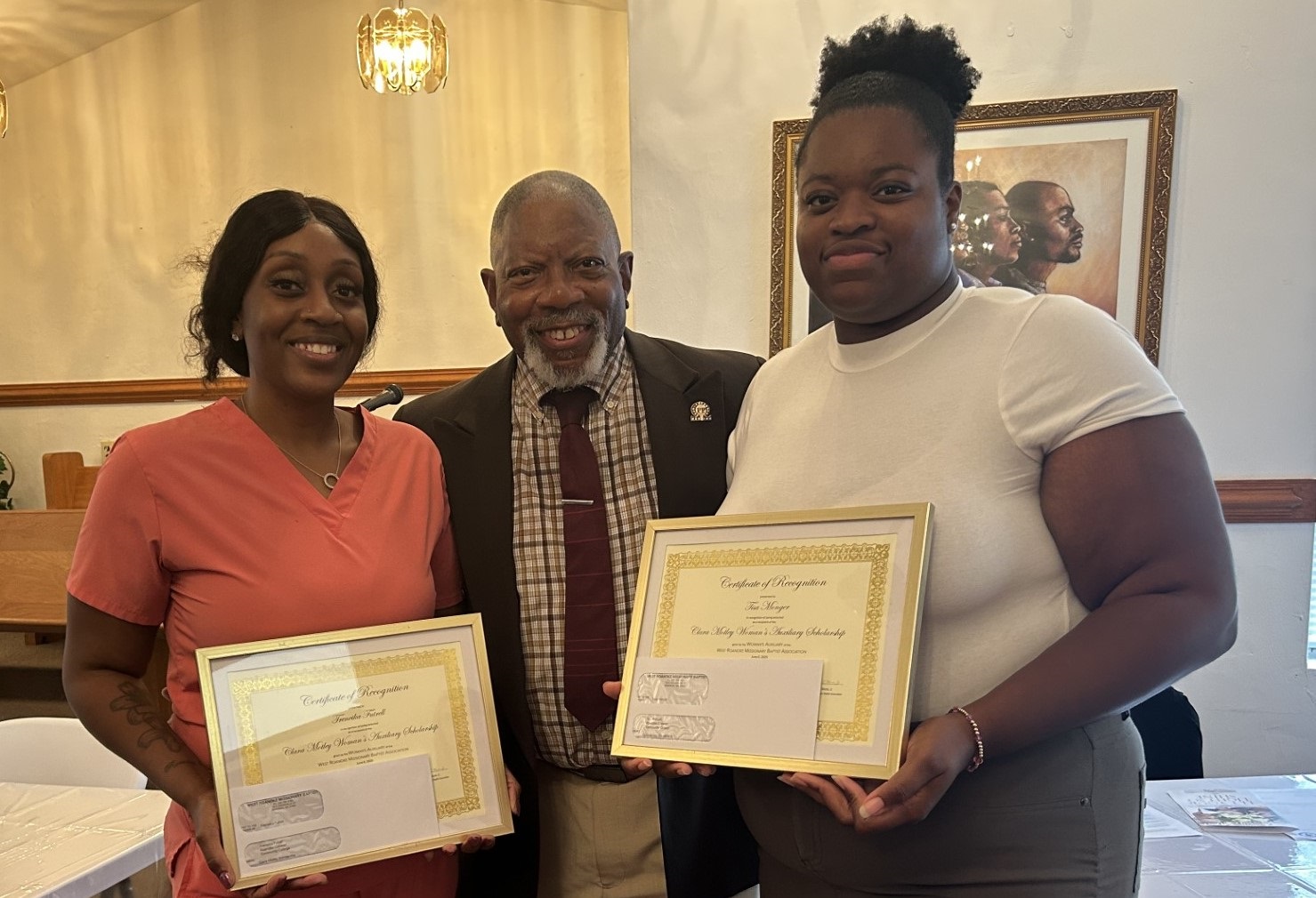 R-CCC students Treneika Futrell (left) and Tisa Monger (right) were recently awarded the Clara Motley Woman’s Auxiliary Scholarship. They are pictured with Columbus Eugene Motley Jr. (center) son of the late Clara Motley, who attended the scholarship ceremony to honor the recipients