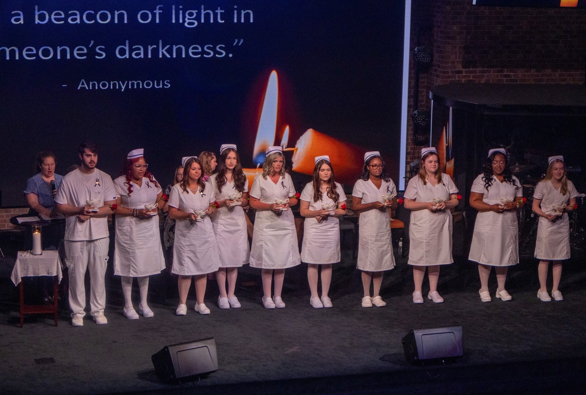 Roanoke-Chowan Community College celebrated the accomplishments of its Associate Degree Nursing graduates during the annual Nurses Pinning Ceremony on May 1, at Carpenter’s Shop Church. ADN graduates honored during the ceremony included, from left to right, Blake Bolton, Jahnecia Chamblee, Amanda Flythe, Haven Hoggard, Ashley Jernigan, Anna Jones, Dynasia Lassiter, Allie Leggette, Angel Rankins and Cameron Wallace.